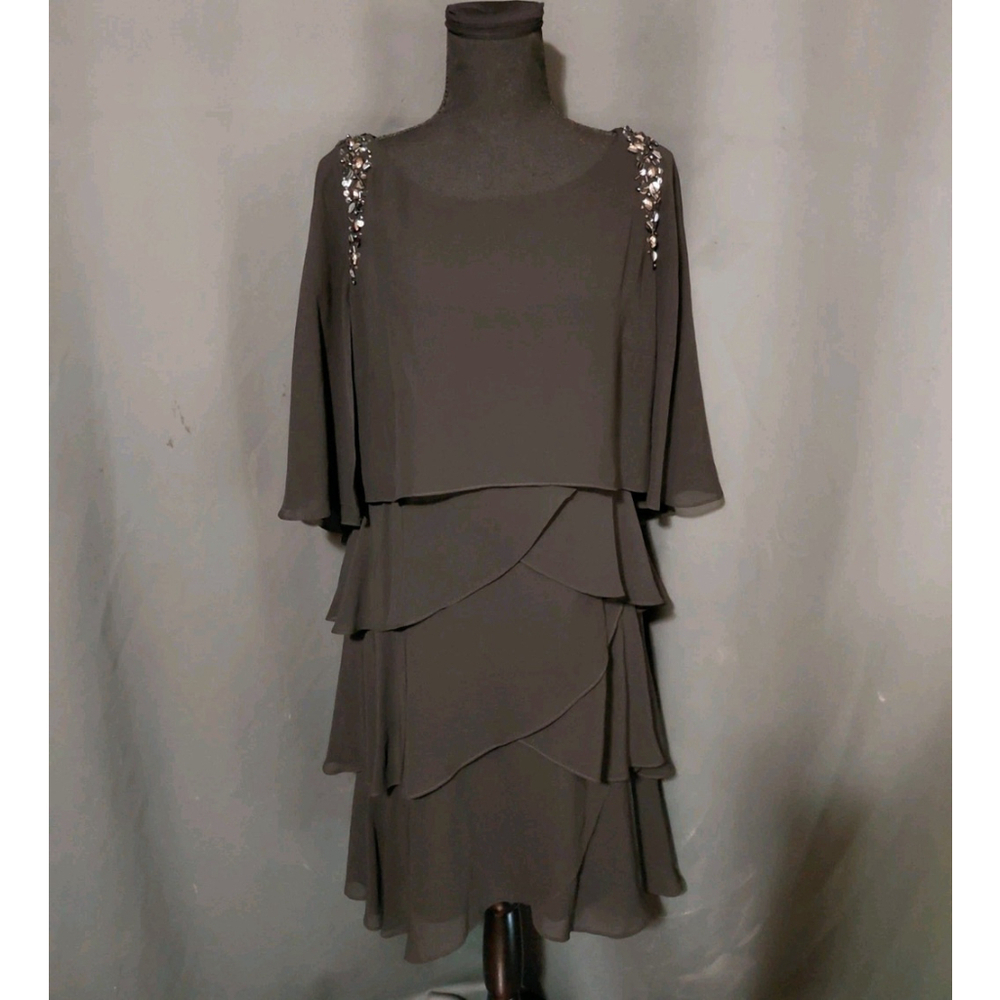 SLNY Tiered Dress Cocktail Boat Neck Black Chiffon Beaded Women Size 10 - Picture 10 of 10